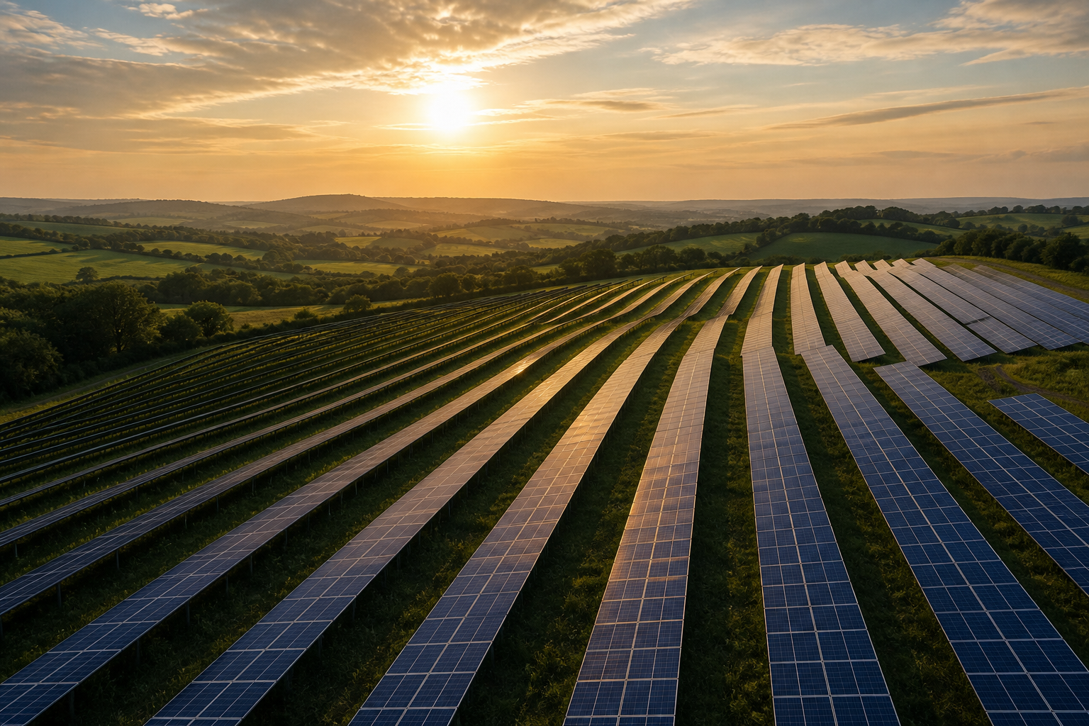 Utility-scale solar farm across rolling countryside