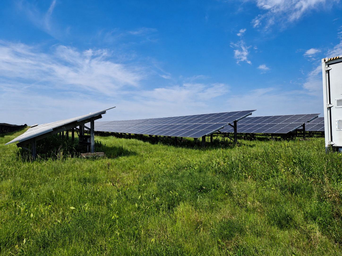 Close-up of solar panels in a solar farm